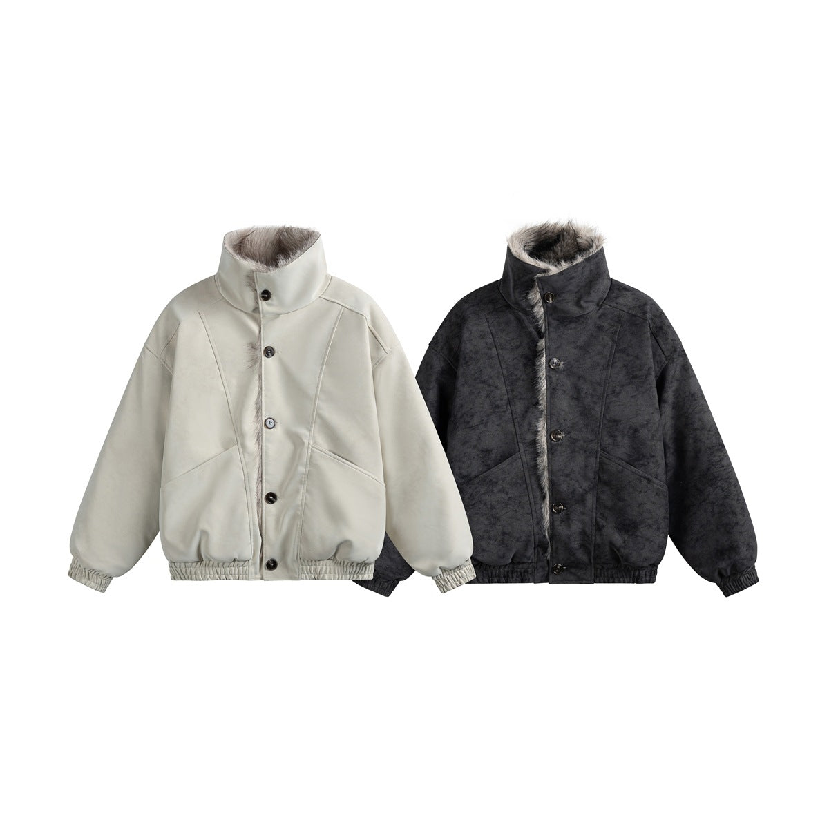 Front view of two button-front jackets with high collars and faux-fur trim, in ivory and charcoal.