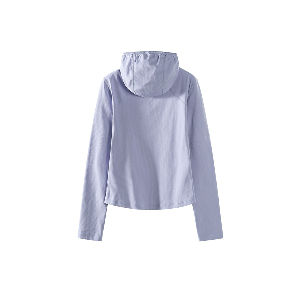 Back view of a light lavender long-sleeve hooded top on a white background.