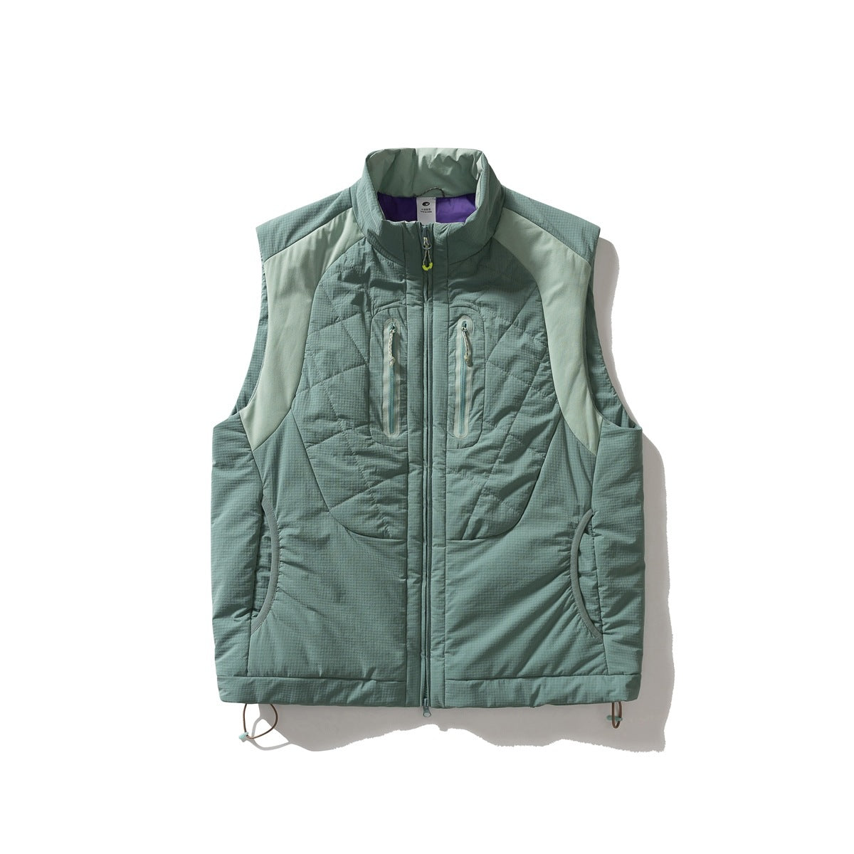 Gray-green quilted sleeveless vest with stand collar, zip front, chest zip pockets and light green shoulder panels