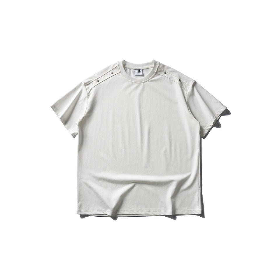 White short-sleeve crew-neck T-shirt with metal rivets on the shoulder, flat lay front view