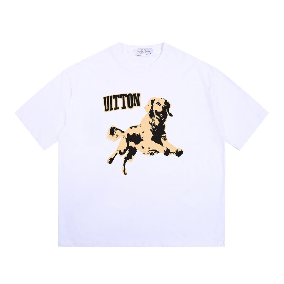 White short-sleeve crew-neck T-shirt with a tan and black leaping dog graphic and black lettering on the chest