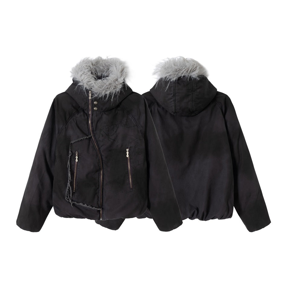 Black hooded jacket shown from the front and back, with gray fur trim, an asymmetric front zipper and zip pockets.