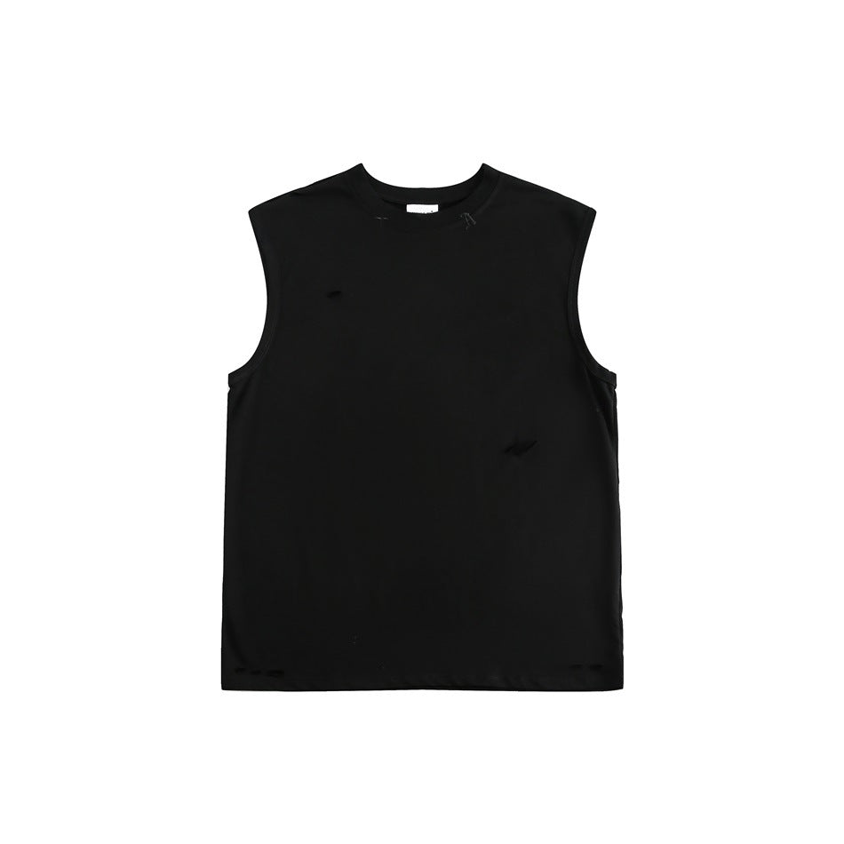 Black sleeveless crew-neck tank top with small distressed slits, flat front view