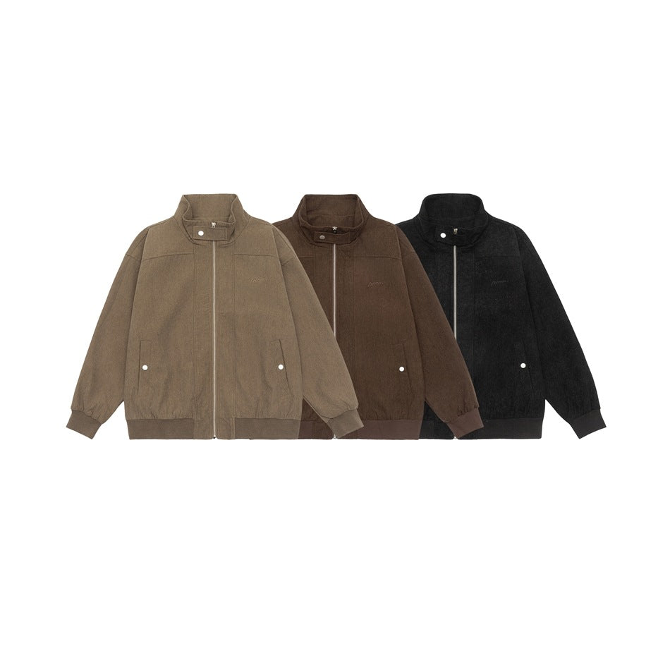 Three front-view zip jackets with stand collars shown in taupe, dark brown, and black.