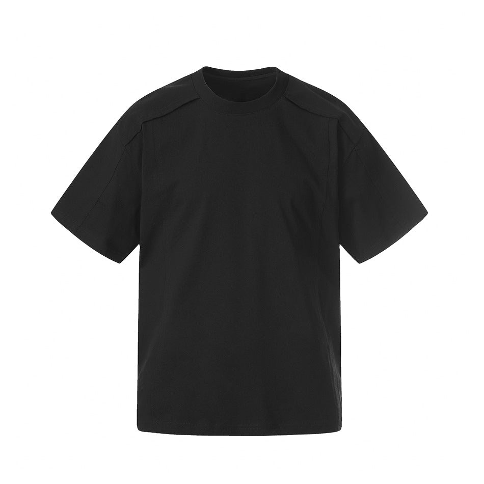 Black short-sleeve crew-neck T-shirt flat front view with shoulder panel seams