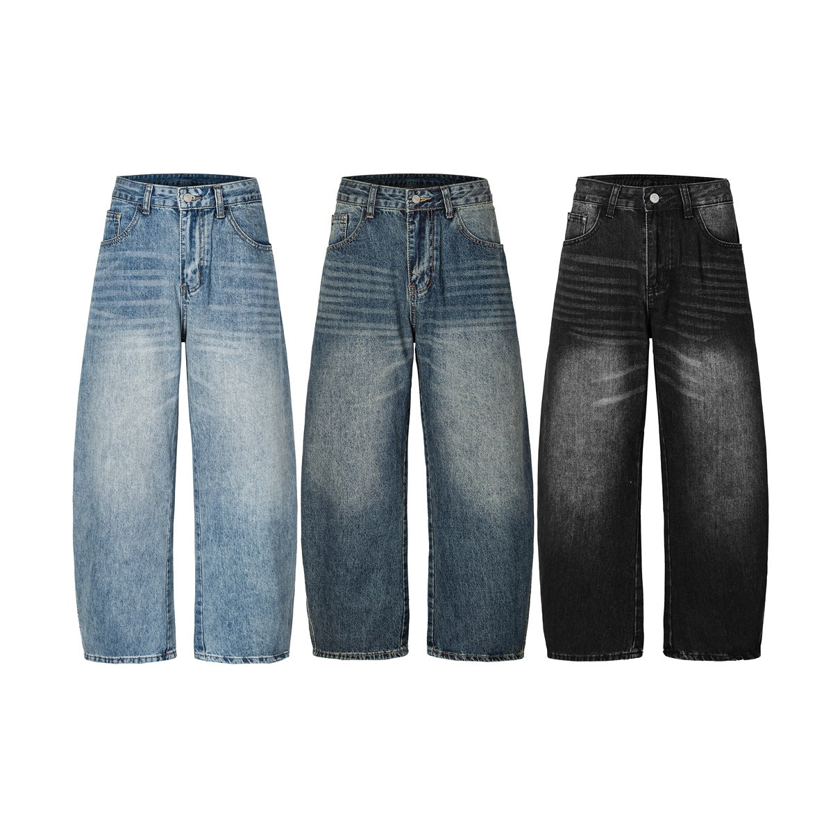 Three pairs of wide-leg jeans shown from the front in light blue, medium blue and black washes.