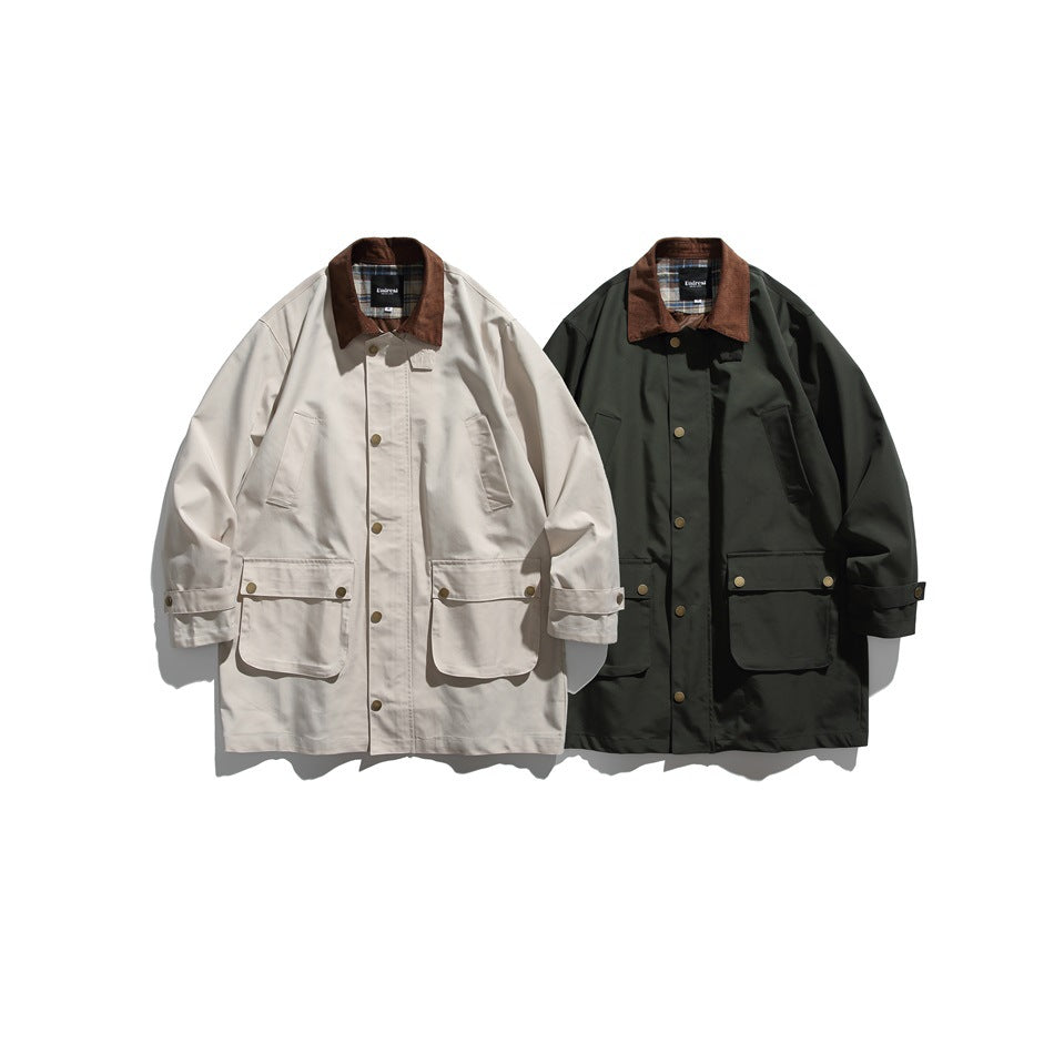 Two jackets shown from the front: one light beige and one dark green, both with brown collars and flap pockets.