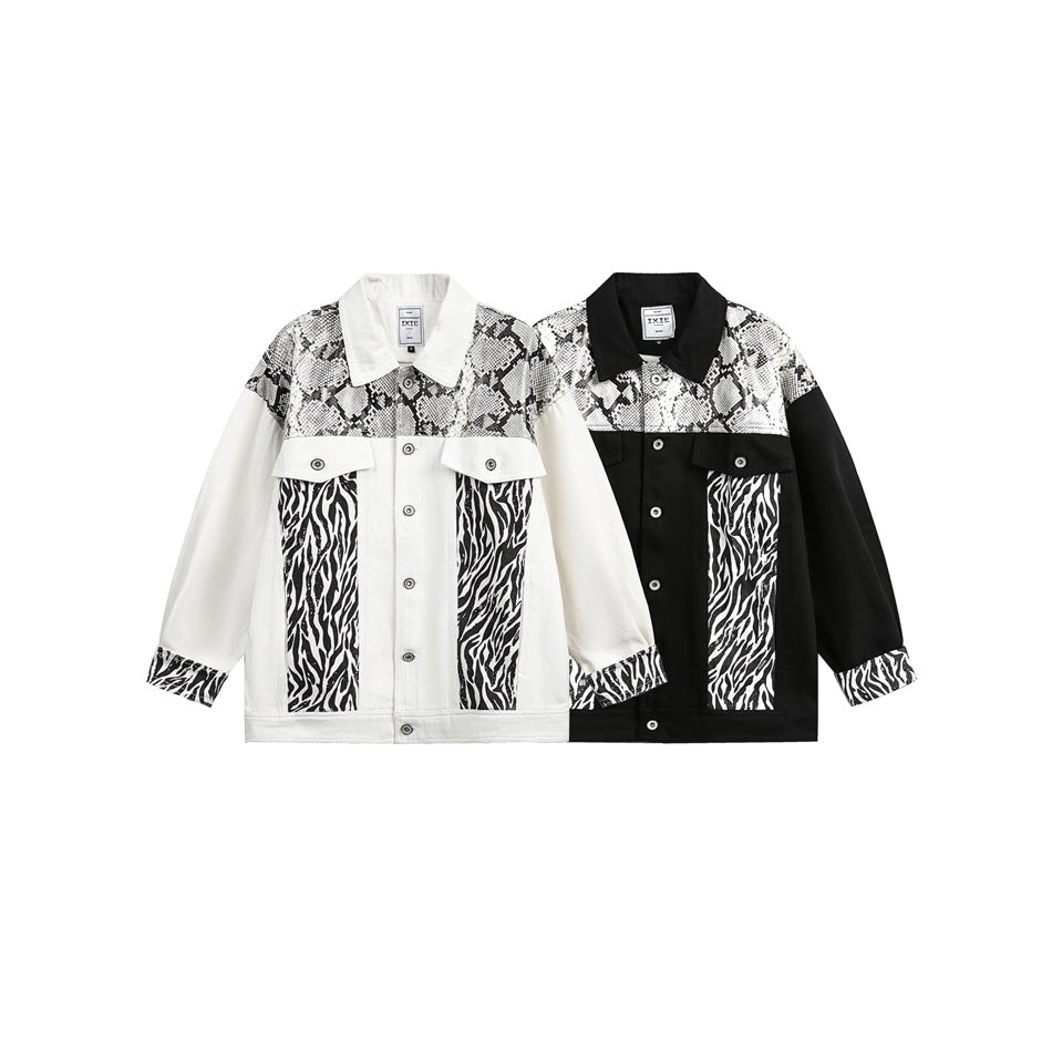 White and black button-front jackets shown side by side, each with snakeskin and zebra-print panels.