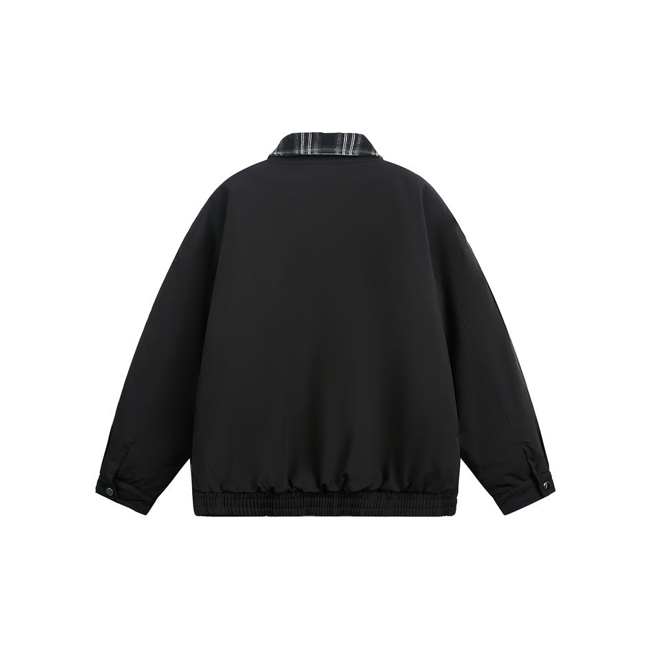 Back view of a black jacket with a black-and-white plaid collar, snap cuffs, and a ribbed hem.