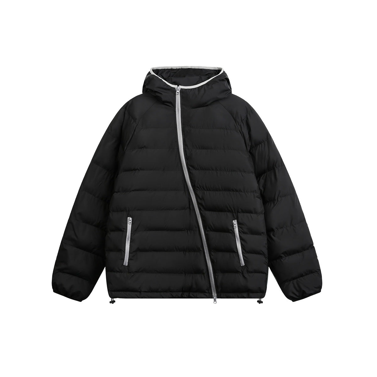 Black hooded quilted jacket with diagonal light gray zipper and zippered pockets, flat lay
