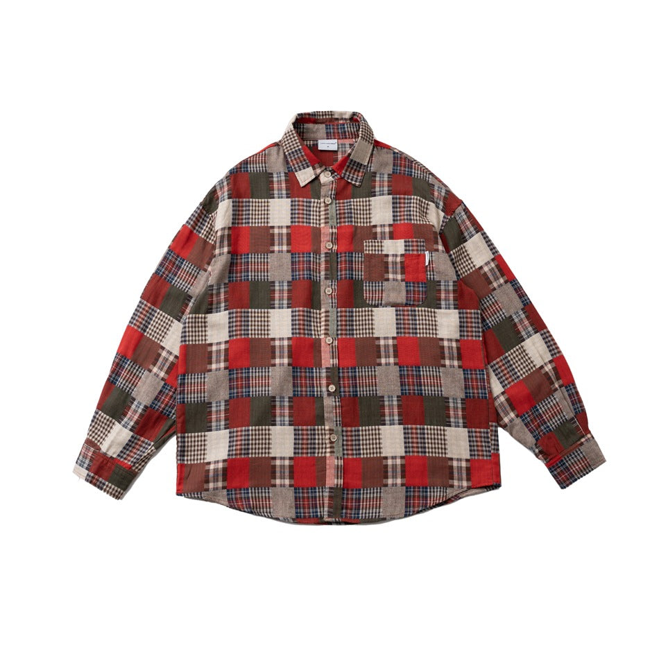 Red, olive and cream patchwork plaid long-sleeve button-up shirt with chest pocket, flat front view