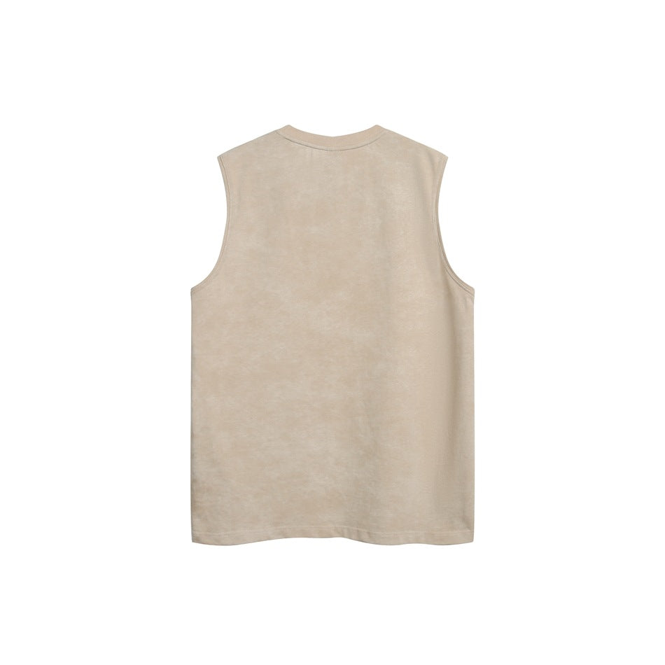 Beige sleeveless shirt with a subtle mottled finish, shown from the back.