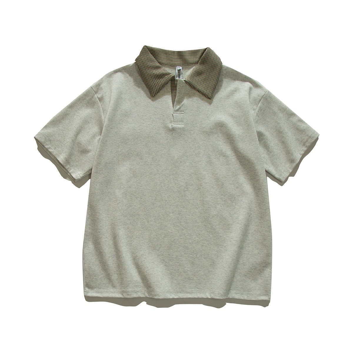 Light heathered gray short-sleeve polo top with brown houndstooth collar, flat lay front view
