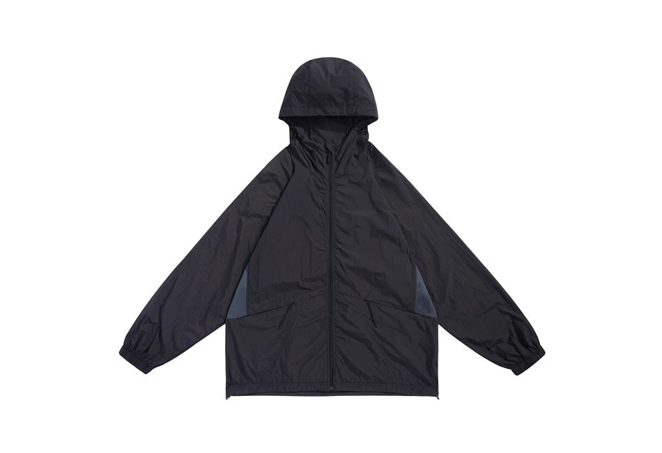 Black hooded zip-up lightweight jacket flat lay with gray-blue side panels and angled zip pockets