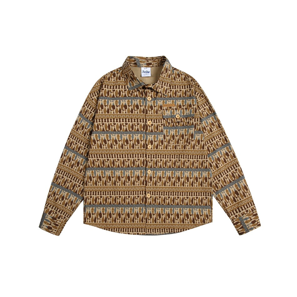 Brown and tan geometric striped long-sleeve button-up shirt with chest flap pocket, flat lay front view