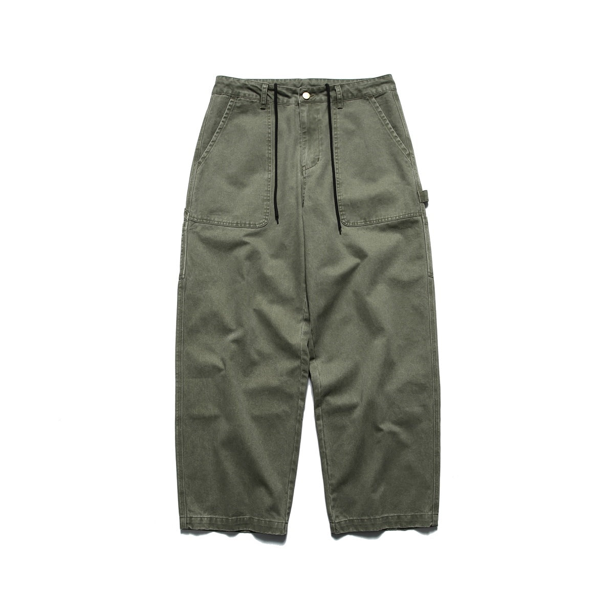 Front view of muted green wide-leg utility pants with large front pockets and black drawstrings.