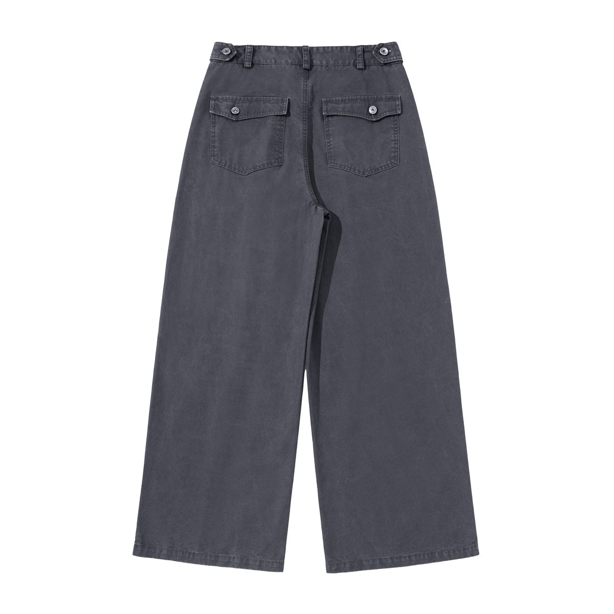Full rear view of charcoal gray wide-leg trousers with two button-flap pockets and adjustable button tabs at the waist.