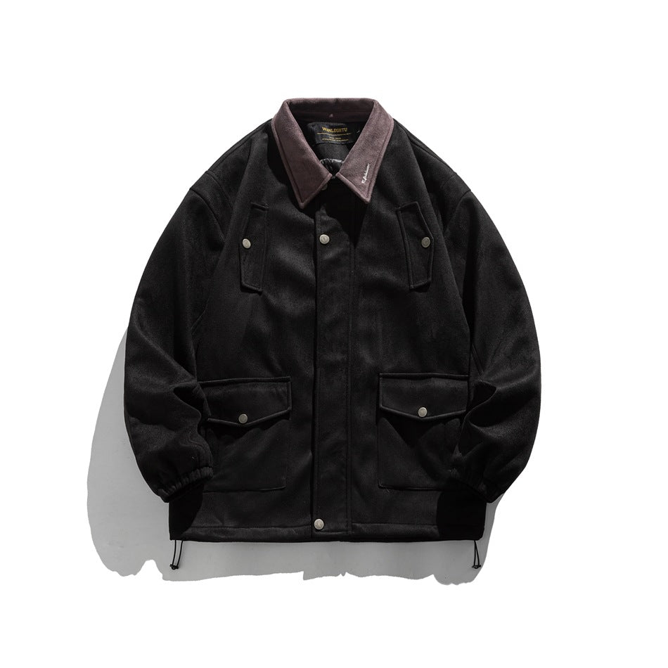 Black collared utility jacket with mauve-brown collar, snap flap pockets and drawcord hem, flat lay front view