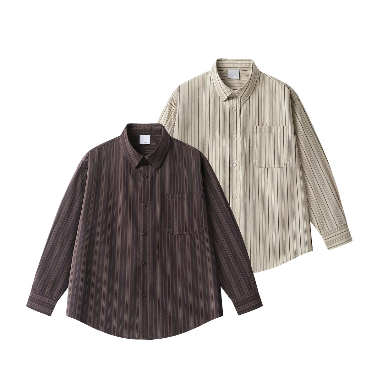 Two long-sleeved button-up shirts with vertical stripes: dark brown and light beige, each with a chest pocket.