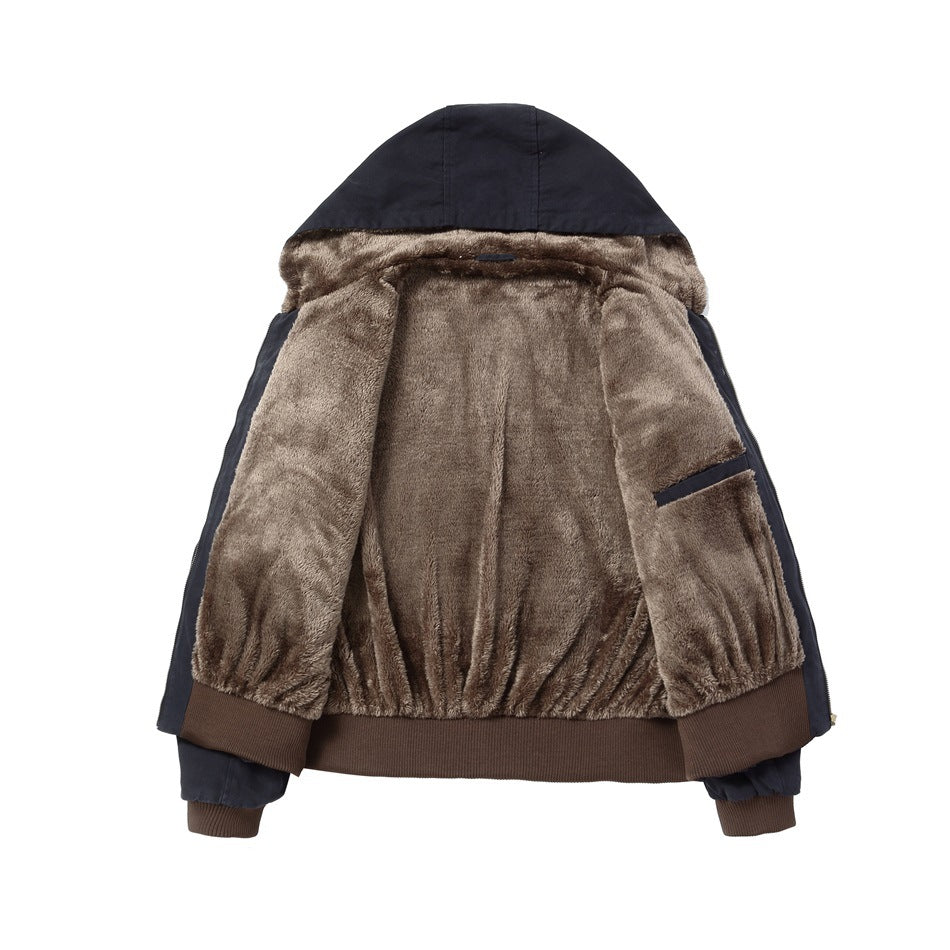 Open navy hooded jacket showing its plush taupe lining, brown ribbed hem and cuffs, and an interior pocket.