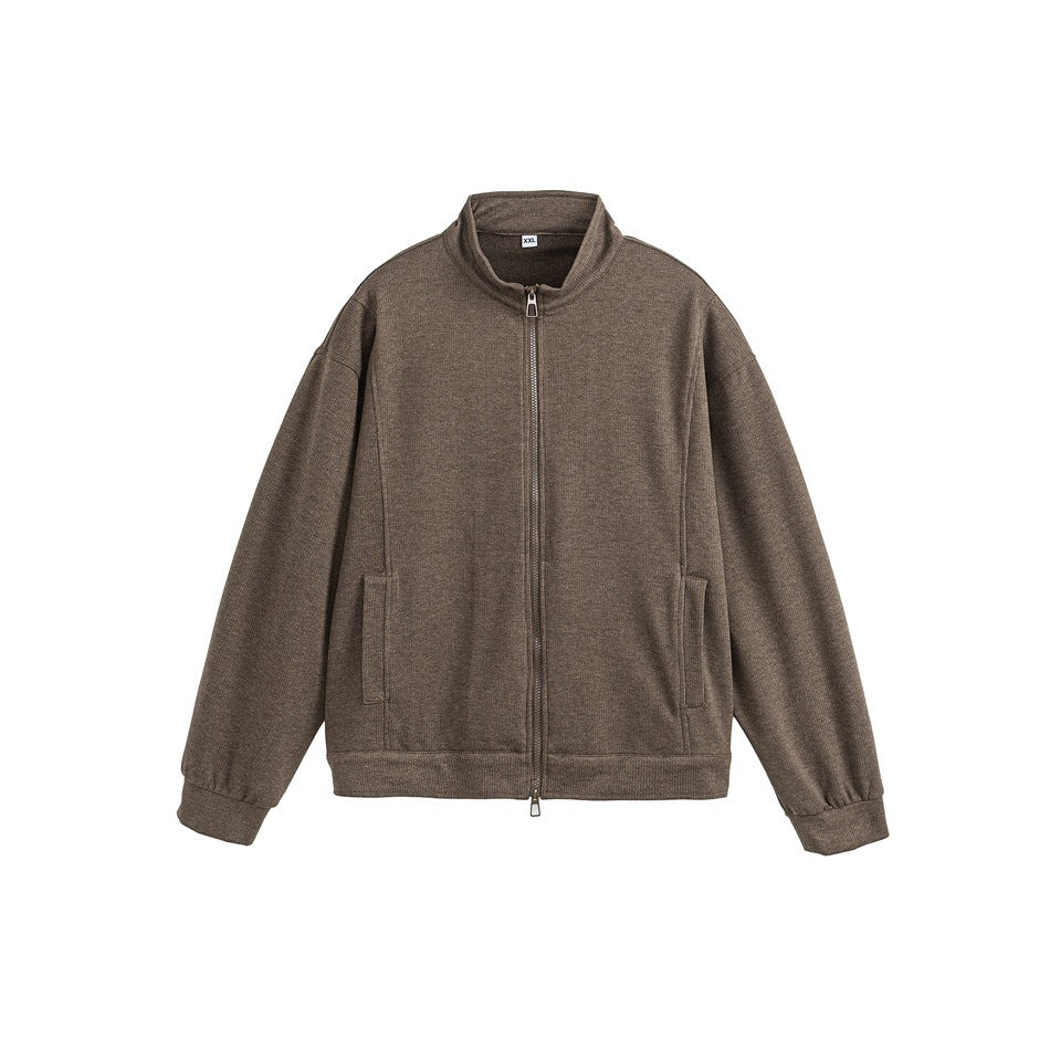 Brown stand-collar zip jacket flat lay with side pockets and ribbed hem