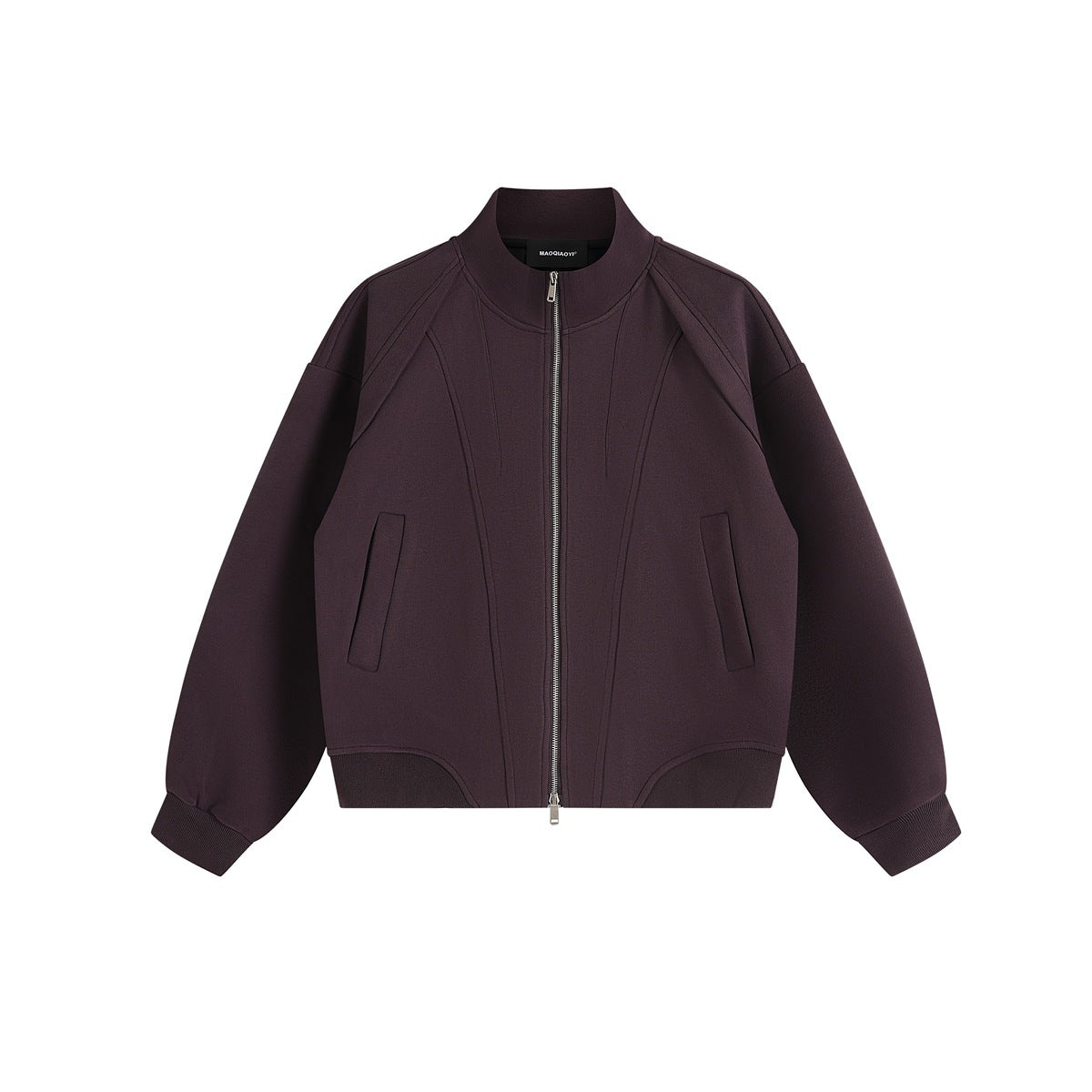 Purple plum-brown stand-collar full-zip jacket, flat lay front view with curved seams, slanted pockets and ribbed cuffs