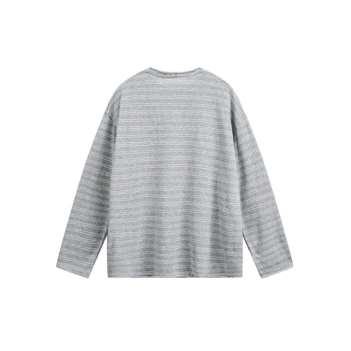 Back view of a long-sleeved heather gray top with thin horizontal white stripes, shown flat.