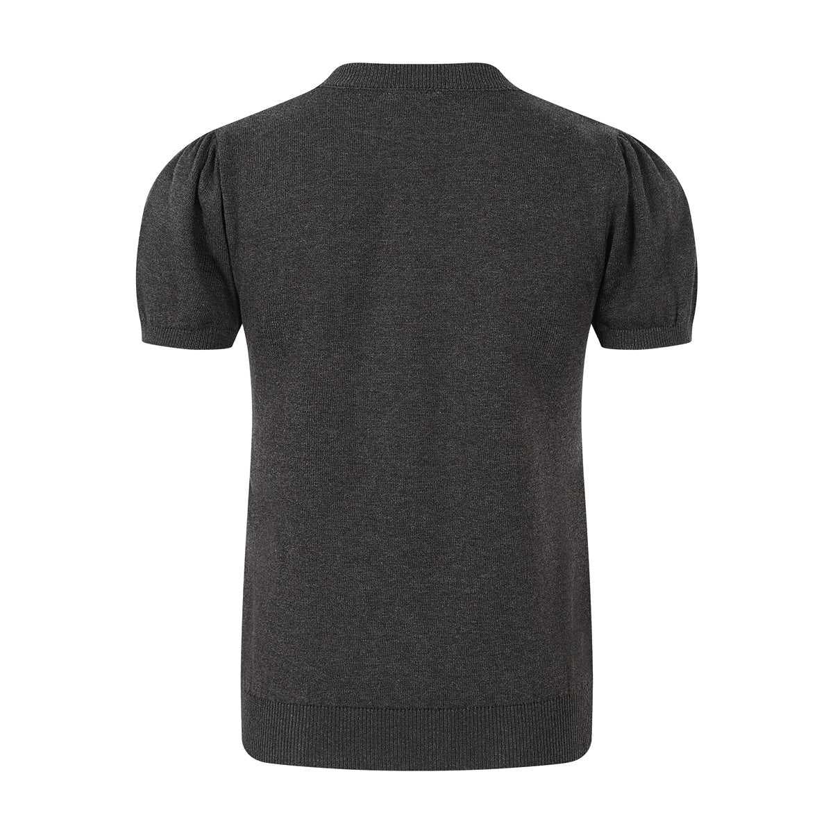 Back view of a plain charcoal short-sleeve knit sweater with puff sleeves and ribbed trim.