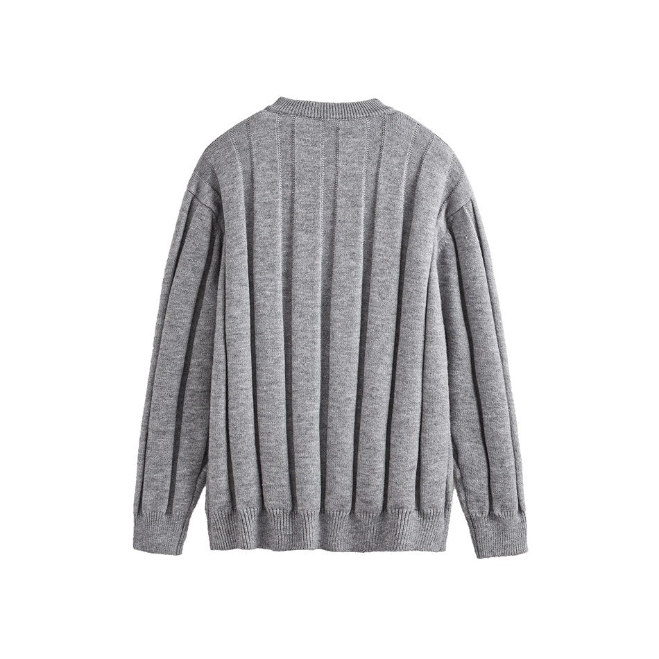 Back view of a gray long-sleeve knit sweater with vertical textured panels and ribbed crew neck, cuffs, and hem.