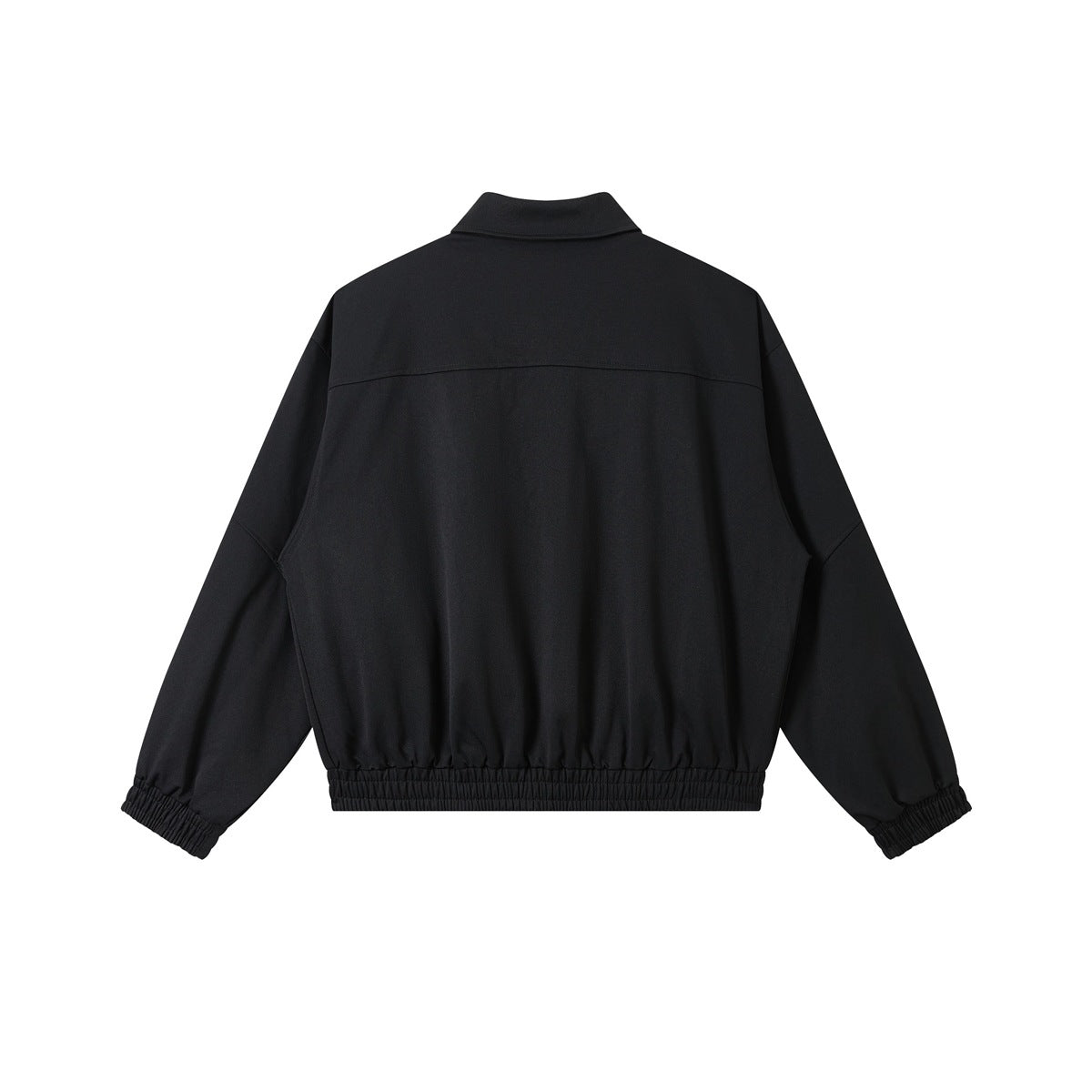 Back view of a black collared jacket with long sleeves and gathered elastic cuffs and hem.