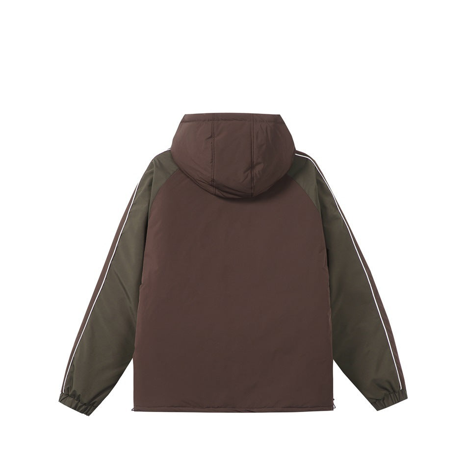 Back of a brown hooded jacket with dark olive sleeves, white sleeve piping, and elastic cuffs.