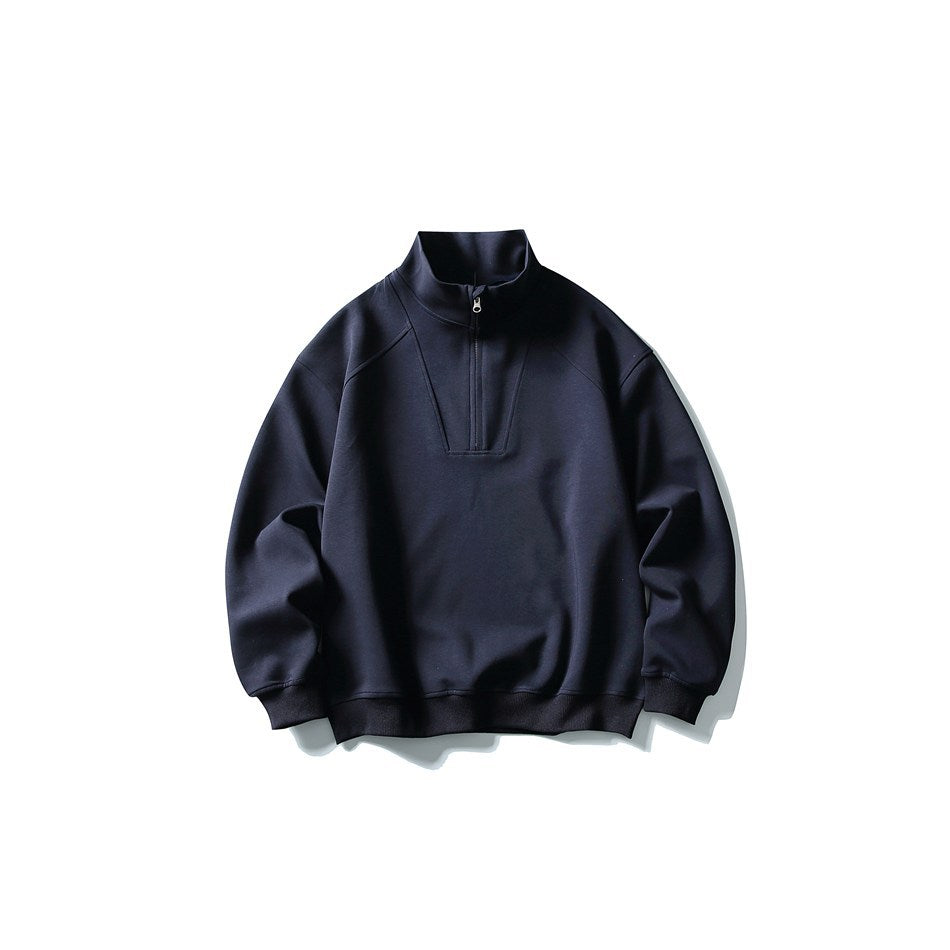Navy half-zip stand-collar sweatshirt with ribbed cuffs and hem, flat lay front view