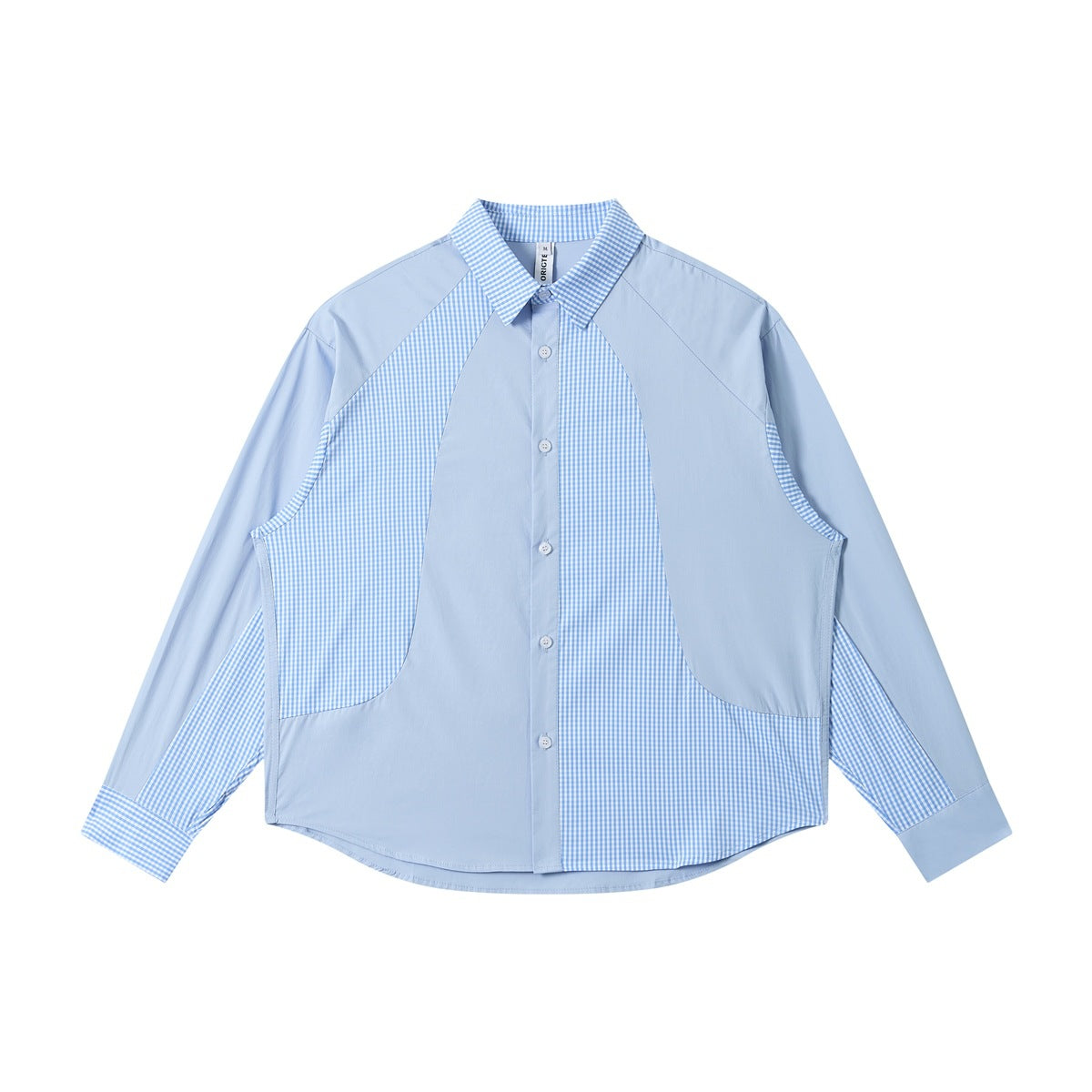 Sky-blue long-sleeve button-up shirt with blue-and-white gingham patchwork panels, laid flat, front view