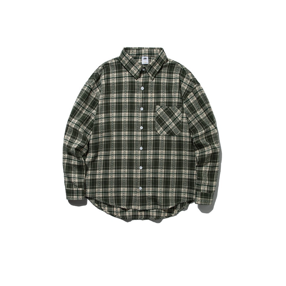 Dark green and beige plaid long-sleeve button-up shirt with chest pocket, laid flat, front view