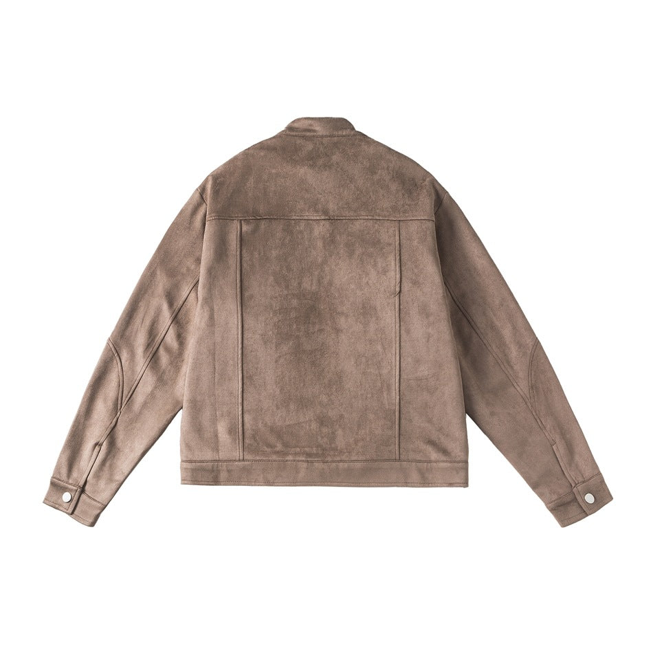 Back view of a brown jacket with a stand collar, panel seams, long sleeves, and snap cuffs.