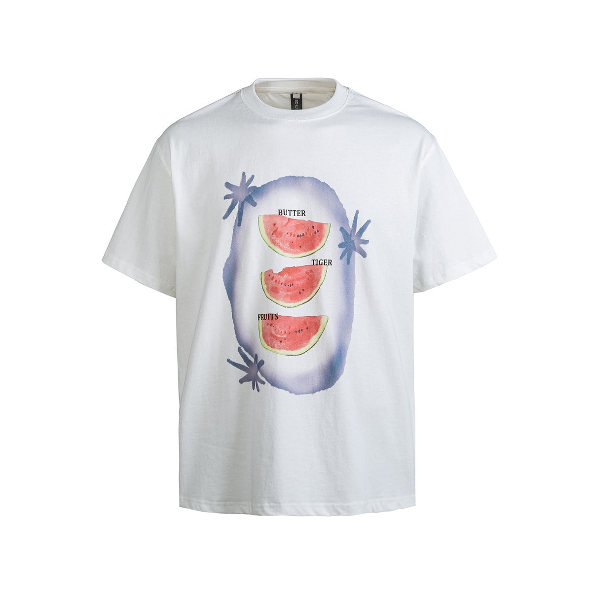 White short-sleeve crew-neck T-shirt with watercolor watermelon slices graphic on the front