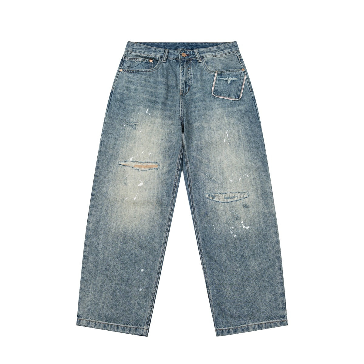 Faded light-blue wide-leg distressed jeans with paint splatter and contrast-edged front pocket, flat front view
