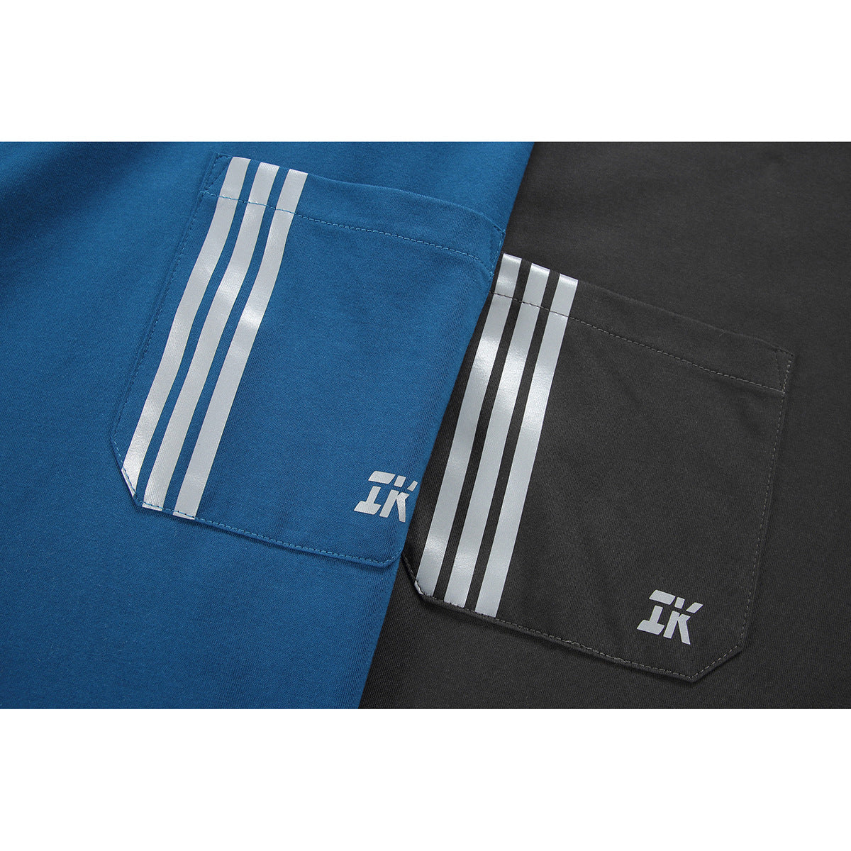 Blue and charcoal shirt pockets, each with three white stripes and a small white emblem.