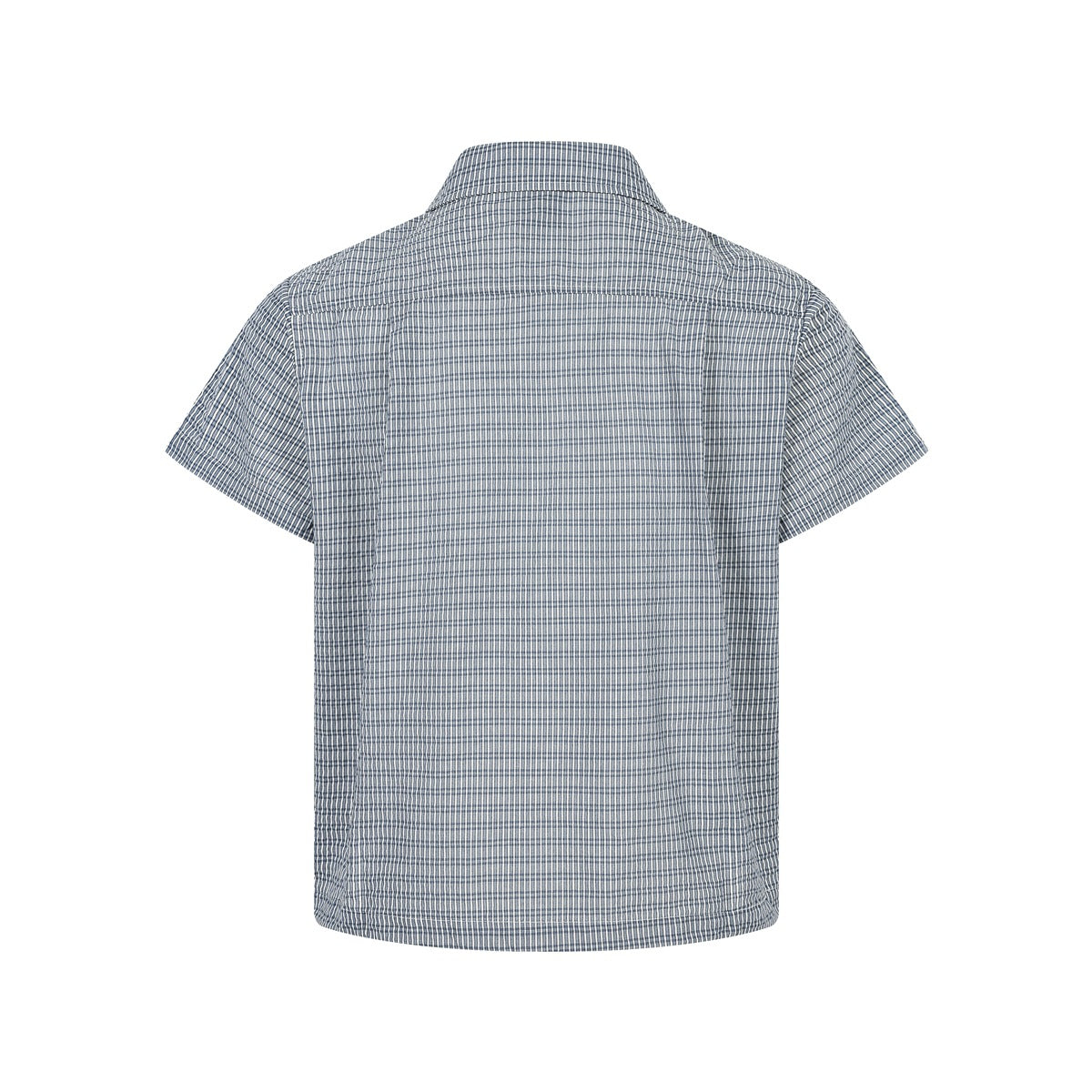Back view of a short-sleeve collared shirt in a blue-and-white small check pattern.