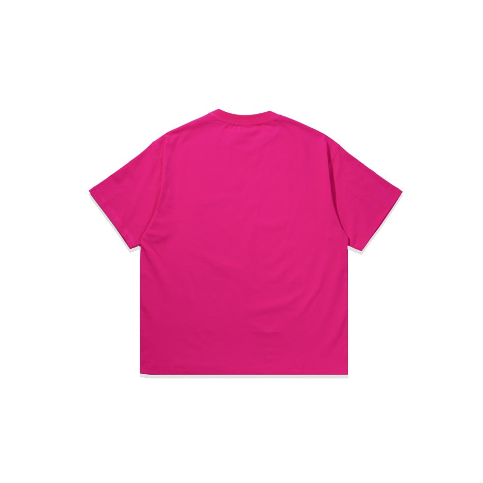 Back view of a bright pink short-sleeve crew-neck T-shirt on a white background.