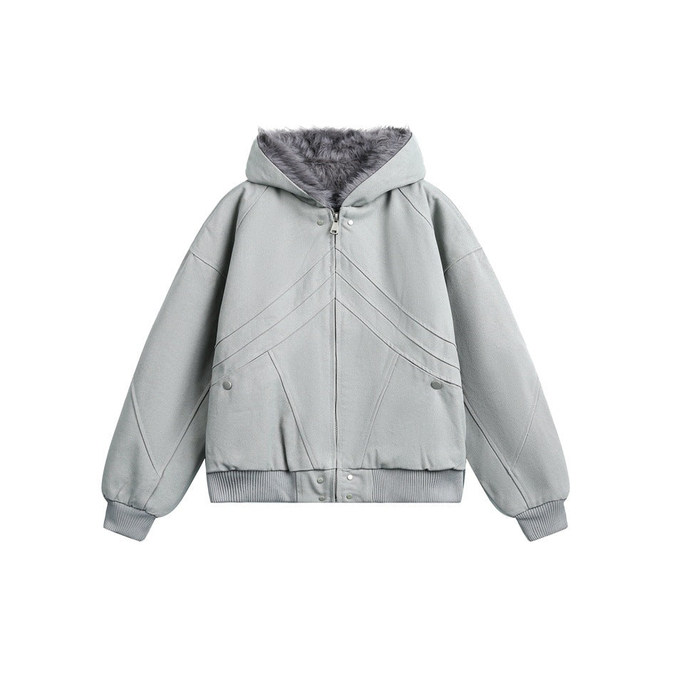 Gray hooded zip jacket flat lay with dark gray fleece-like lining in hood, paneled seams, snap details and ribbed cuffs