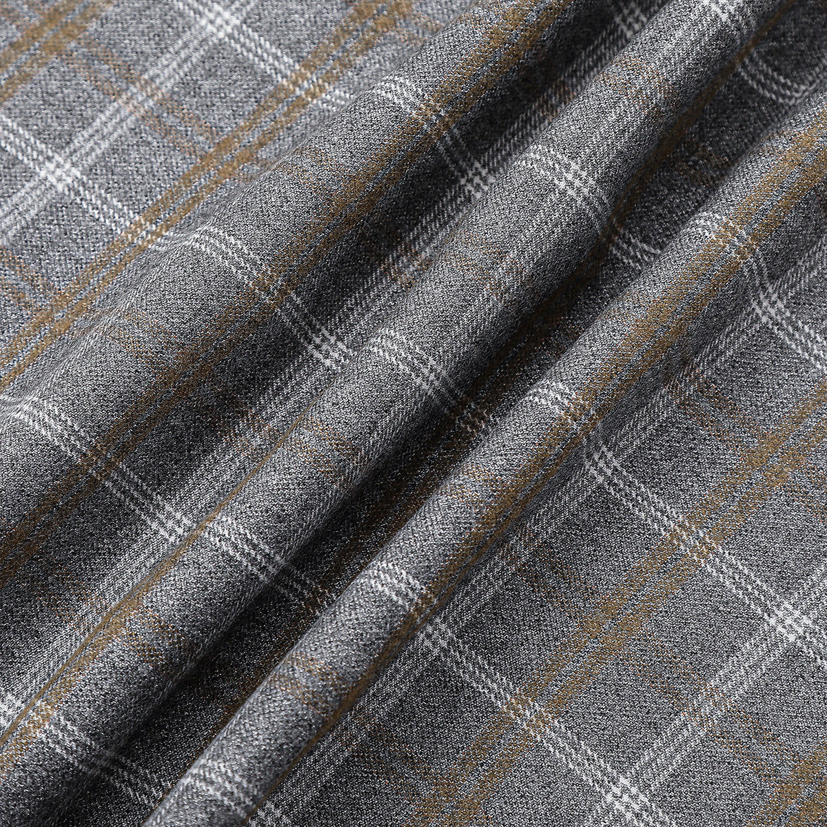 Close-up of gray fabric with a white and muted brown plaid pattern.