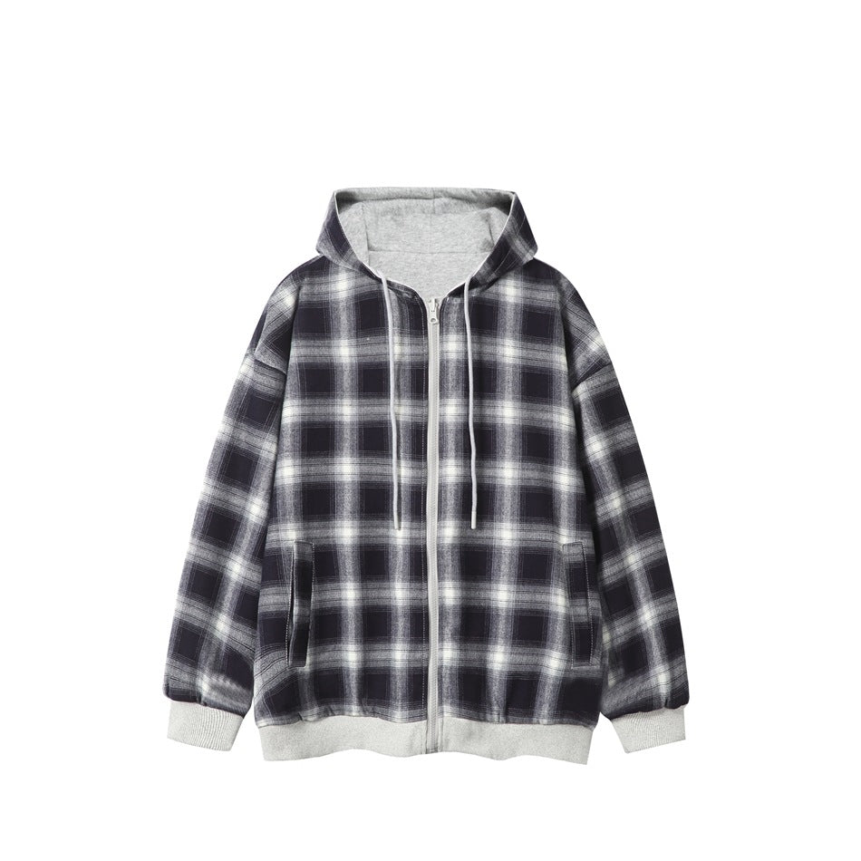 Front view of a black and gray plaid zip-up hoodie with white drawstrings, gray lining, and ribbed trim.