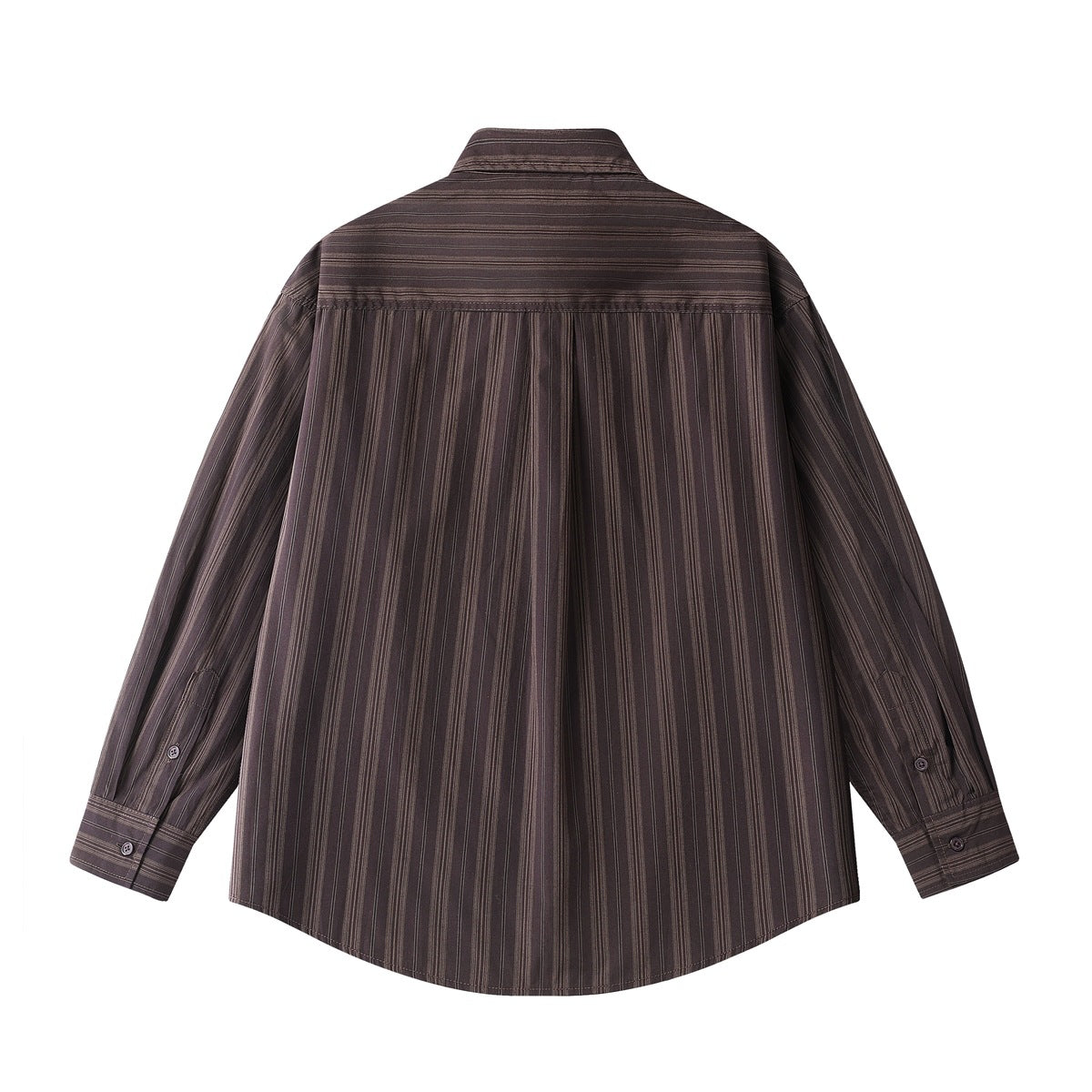 Back view of a dark brown long-sleeved shirt with subtle vertical stripes, a shoulder yoke, and a center pleat.