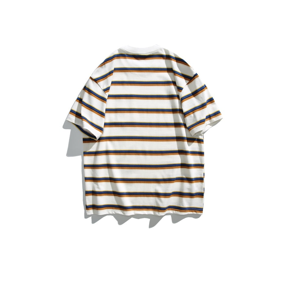 Back view of a white short-sleeve T-shirt with horizontal navy and mustard stripes, displayed flat on a white background.