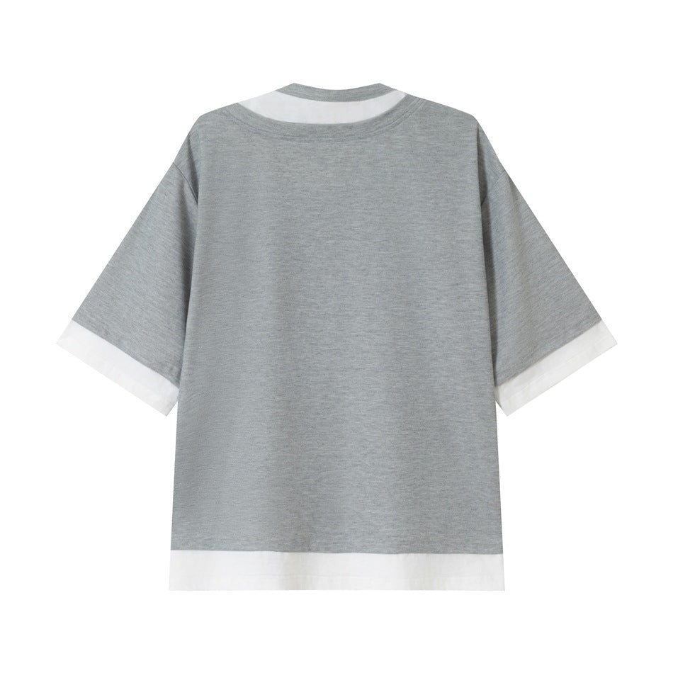 Back view of gray short-sleeve tee with white layered collar band and white trim at sleeves and hem