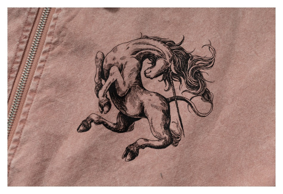 Close-up of a black rearing horse illustration printed on the dusty pink jacket.