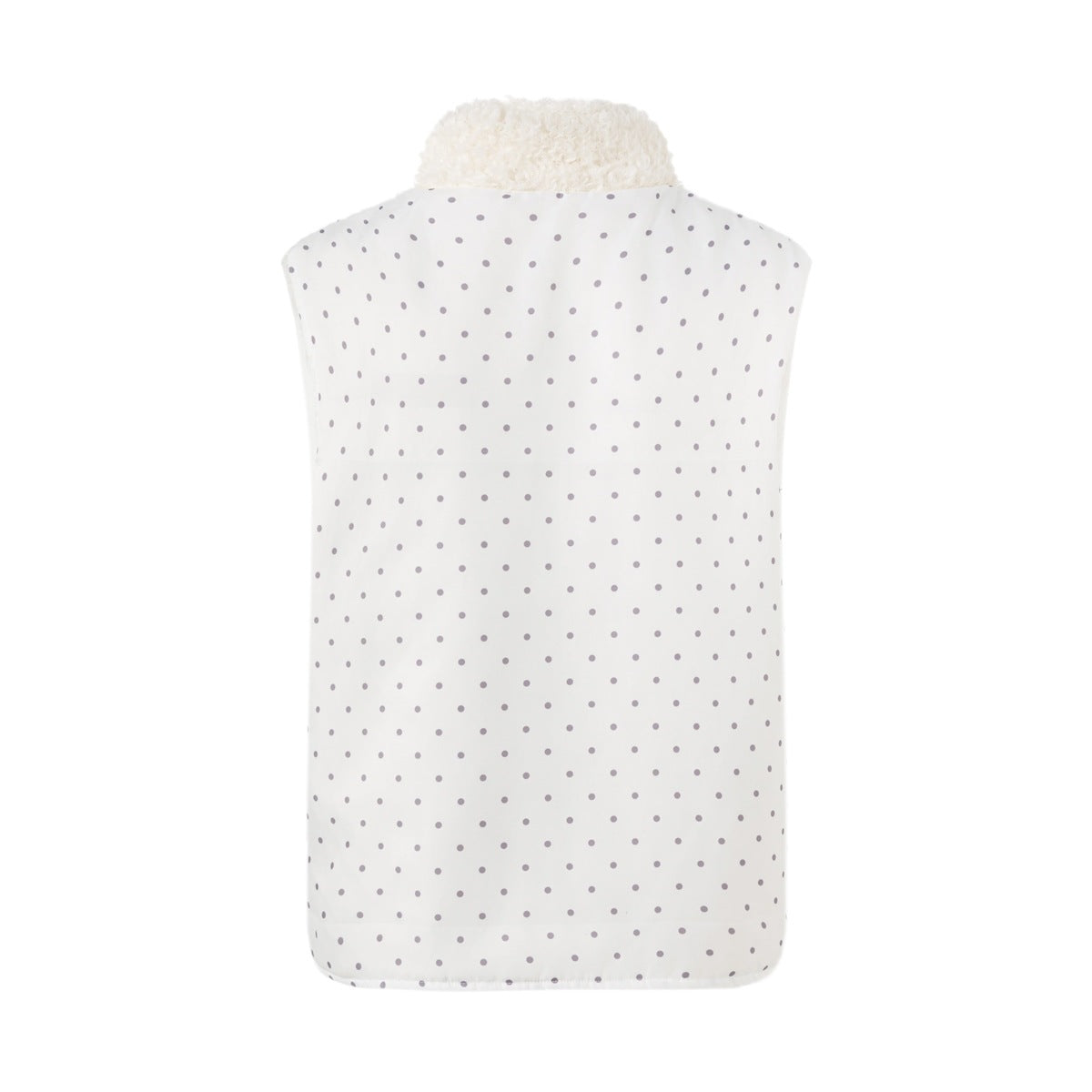 Back view of a white sleeveless vest covered in small gray dots, with a fluffy ivory collar.
