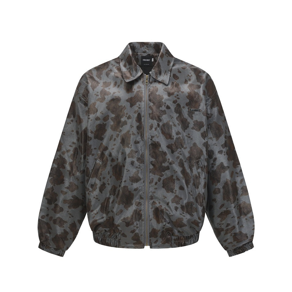 Gray zip-front collared jacket with brown animal-spot print, elastic cuffs and hem, flat front view