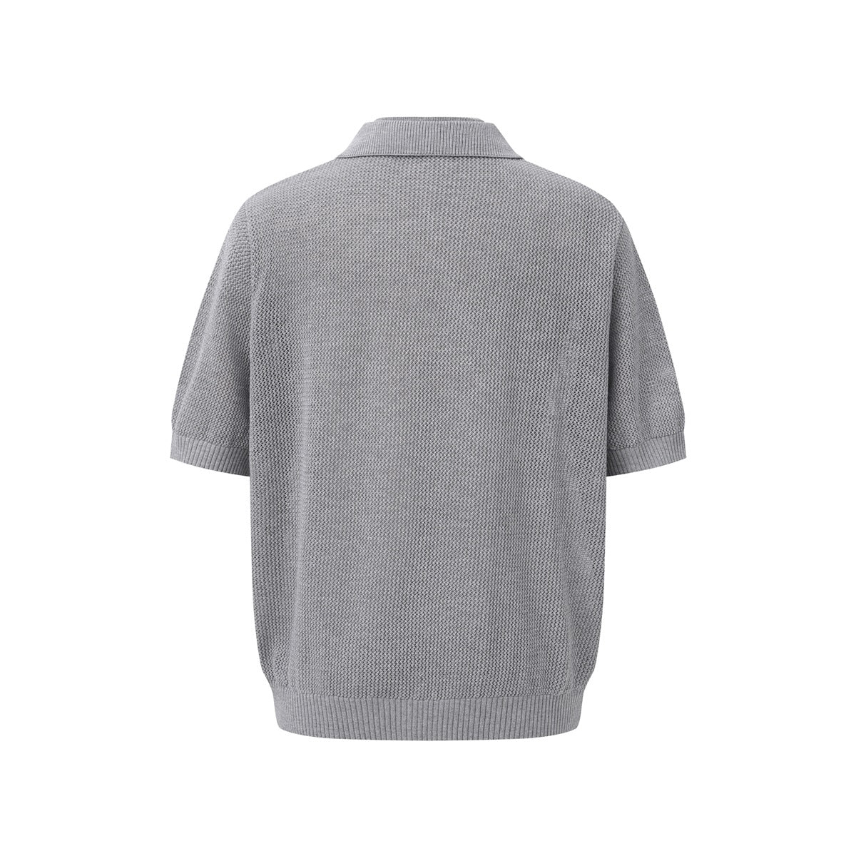 Gray open-knit short-sleeve polo top with ribbed hem and cuffs, back flat view